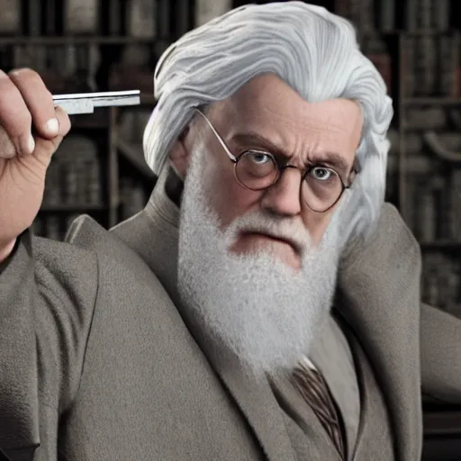 Prompt: Albus Dumbeldore in the mafia using guns photorealistic, 4k