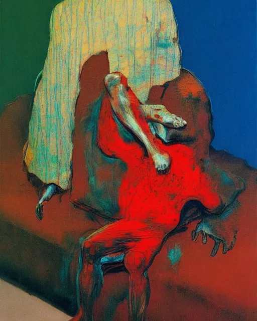 Prompt: thick expressionist acrylic painting of an old dead figure sitting on a couch ,  Beksinski painting, part by Francisco Goya and Gerhard Rich⁷⁷ter. art by James Jean, Francis Bacon masterpiece