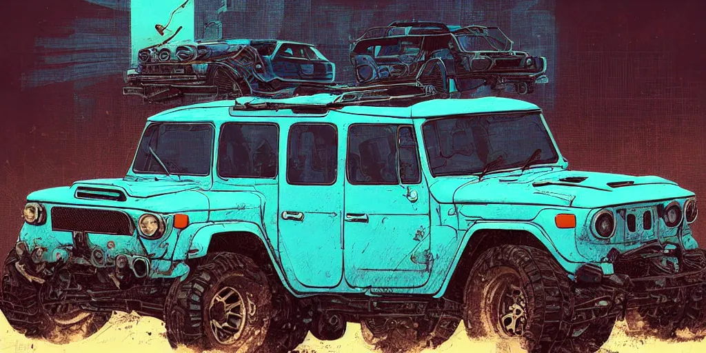 Image similar to digital illustration of a futuristic faded cyan mad max's fj 4 0 decrepit!!!! pursuit special, rusty!!! cyberpunk nissan fj cruiser heavily modded 1 9 9 0 s, the last v 8 interceptor by makoto shinkai, ilya kuvshinov, lois van baarle, rossdraws, basquiat