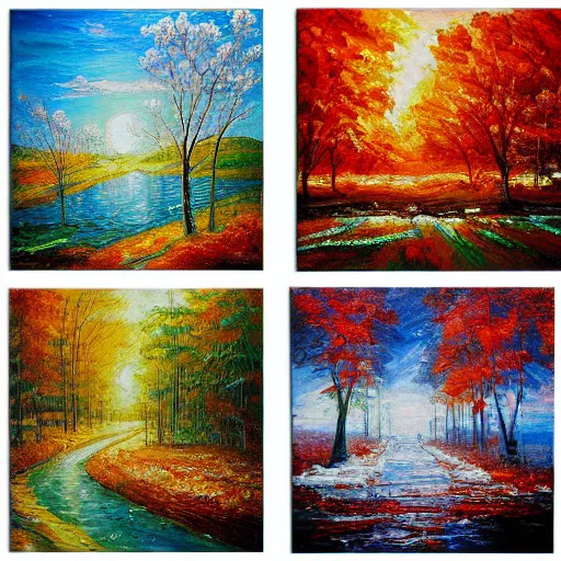 Image similar to painting depicting all four season in one painting, summer, winter, spring, autumn, concept art, artstation, detailed, impressionism, oil on canvas, knife painting, messy,