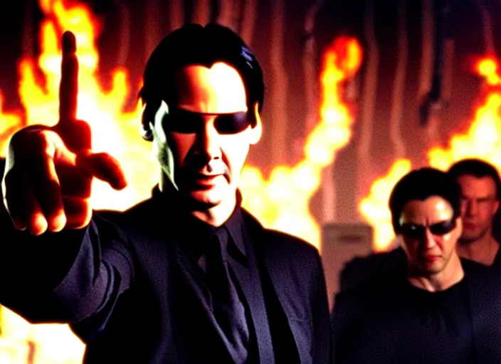 Image similar to A photo of Keanu Reeves as Neo in The Matrix movie doing a thumb up to the camera in front on burning servers, servers in flames in the background, happy system administrator doing a thumb up, uncropped, full body, crispy, ultra detailed