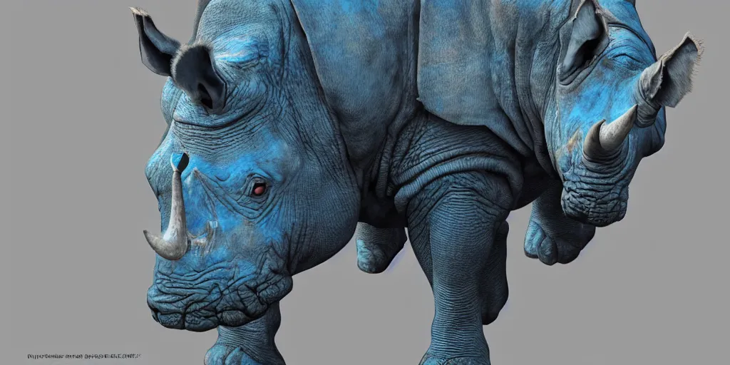 Image similar to hyperrealistic mixed media portrait of a blue Rhinoceros wearing paladin armor, forward angle, stunning 3d render inspired art by P. Craig Russell and Barry Windsor-Smith + perfect facial symmetry + dim volumetric lighting, 8k octane beautifully detailed render, post-processing, extremely hyperdetailed, intricate complexity, epic composition, grim yet sparkling atmosphere, cinematic lighting + masterpiece, trending on artstation