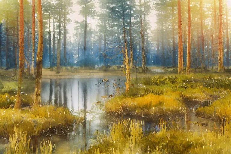 Prompt: small centered on watercolor paper, paint brush strokes, abstract watercolor painting of golden night at mini lake, heavy pine forest, swedish bog, spring and autumn, sharp lighting, cinematic light, american romanticism by hans dahl, by jesper ejsing, by anders zorn, by greg rutkowski, by greg manchess, by tyler edlin