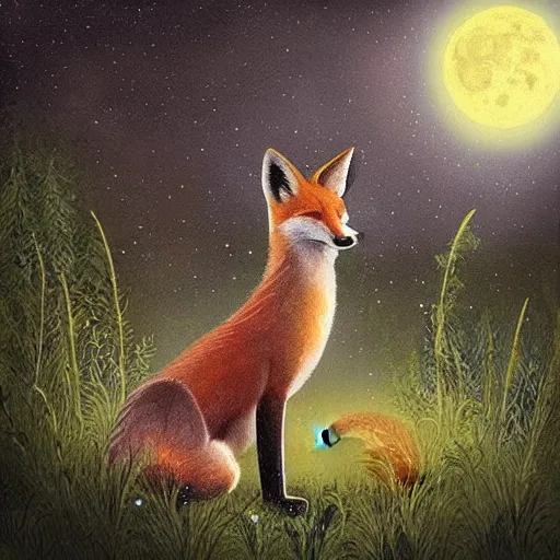 Image similar to “a fox sitting in the woods facing away, looking up at the night sky. The moon shines brightly. digital art, painting, highly detailed, hyper detailed, award winning”