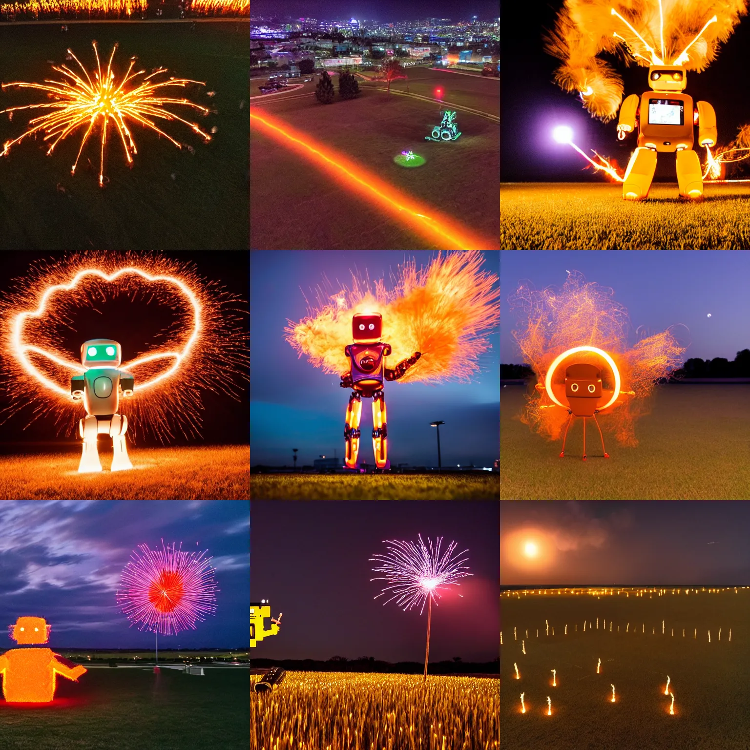 Prompt: < photo quality = high camera = canon from = drone > a flaming field at night in the shape of a robot < / photo >