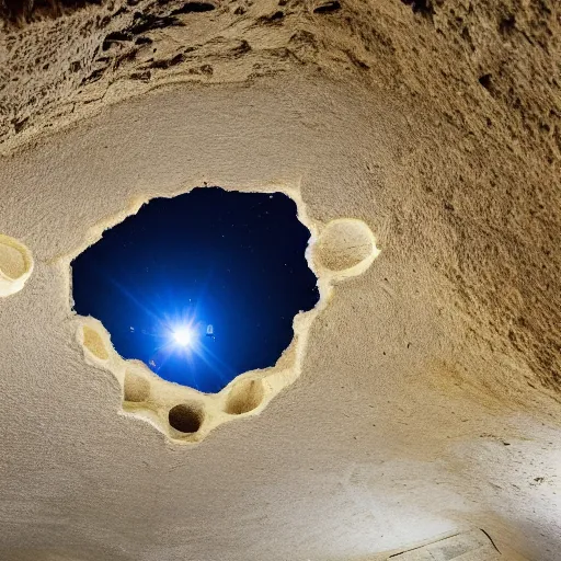 Image similar to a hole on ceiling cave, stars visible through hole