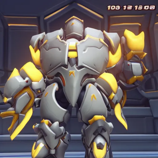 Prompt: in-game screenshot of Reinhardt from Overwatch wearing a suit of armor made from marshmallows