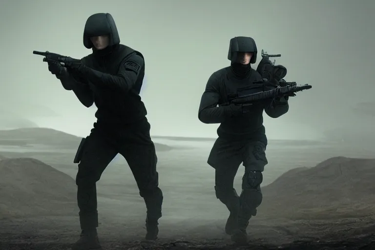 Image similar to still from bladerunner 2049 (2017) man wearing black tactical gear. mountain in background obscured by fog volumetric raining. green hill. Cyberpunk soldier holding rifle intimidating, reflective visor, emissive details. dark low exposure overcast skies.