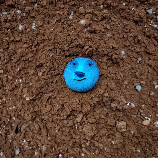 Image similar to photo of a small round creature made of dirt with round blue eyes and a round clown nose and a cute smile