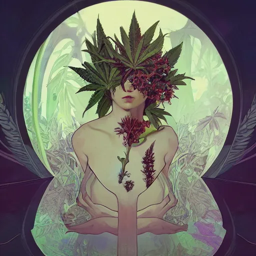 Image similar to a cannabis plant, bio vegetal concept art, by Peter Mohrbacher and Alphonse Mucha, chess, amazonia, detailed, style, 8k, trending on artstation, unreal engine 4k, detailed, clean background trending, full shot, symmetrical portrait, sophisticated, Unreal engine, dystopia, anti-utopia, post processing, psychadelic