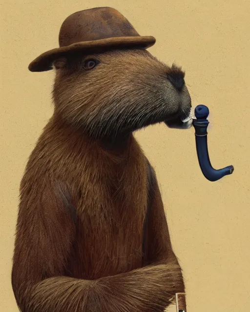 Prompt: oil painting of the profile side of a realistic anthropomorphized capybara holding a smoking pipe in his right hand, with old detective clothes, close shot, full body, dark steampunk mine shaft background, sharp focus, fantasy style, octane render, volumetric lighting, 8k high definition, by greg rutkowski, highly detailed, trending on art Station, dungeons and dragons artwork, centered