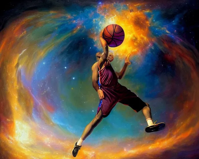 Image similar to cosmic basketball player dunking a basketball hoop in a nebula, an oil painting, by ( leonardo da vinci ) and greg rutkowski and rafal olbinski ross tran airbrush