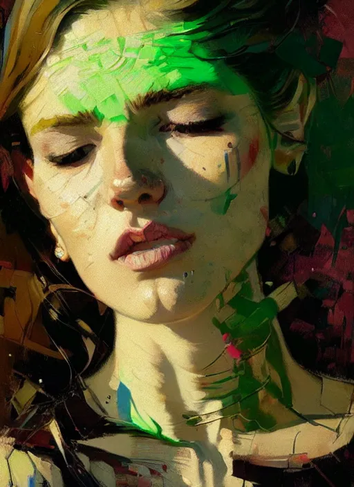 Image similar to portrait of a beautiful girl, eyes closed, open mouth, shades of green, beautiful face, rule of thirds, intricate outfit, spotlight, by greg rutkowski, by jeremy mann, by francoise nielly, by van gogh, digital painting