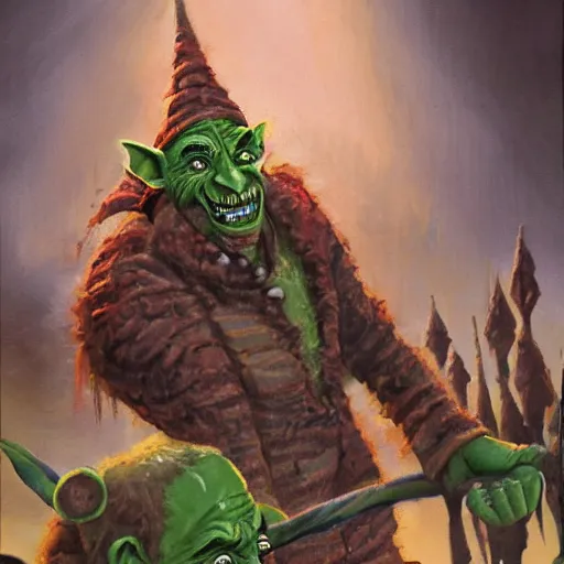 Prompt: greenskin goblin at mcdonalds, yelling at cashier, throwing big mac, by les edwards