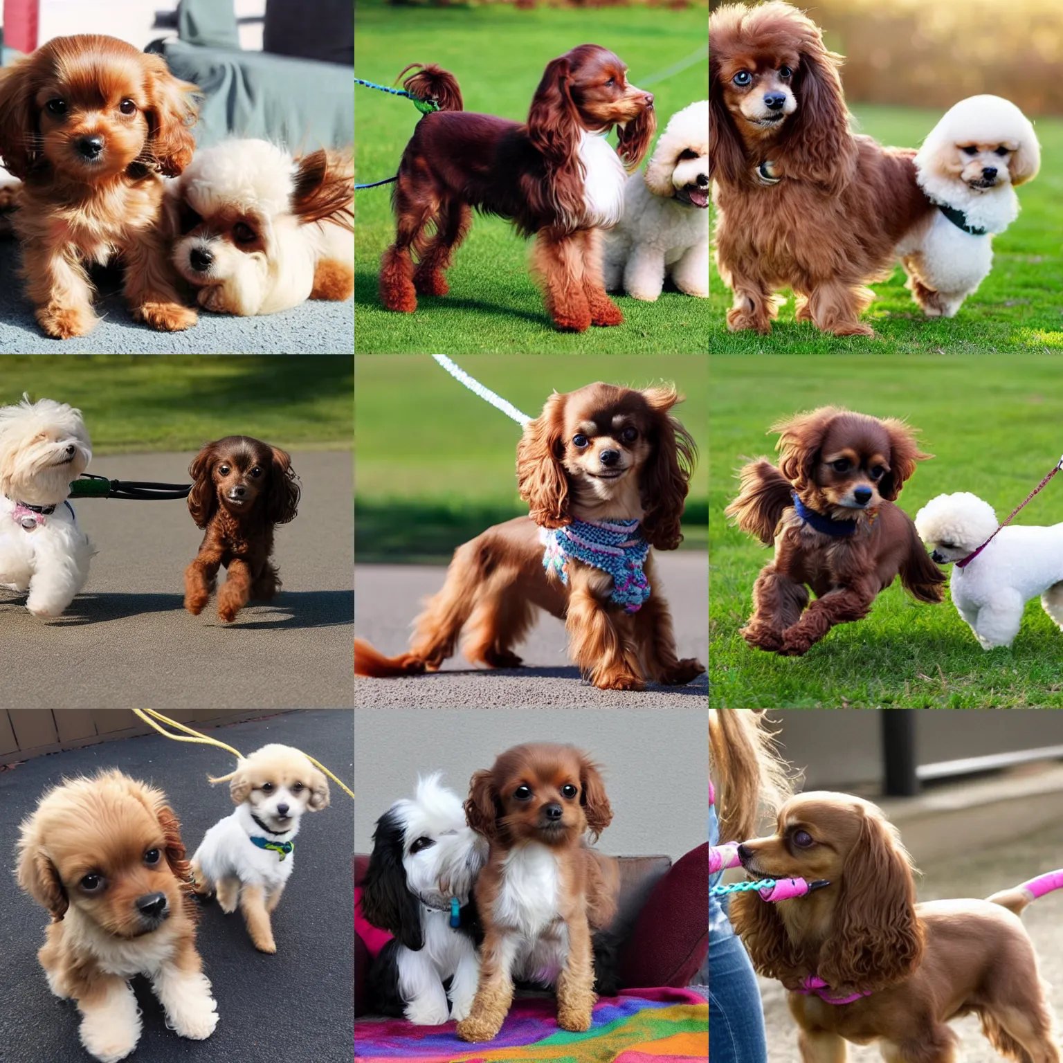 Prompt: a cute brown long haired chihuahua cocker spaniel tugs rope with a bichon frise
