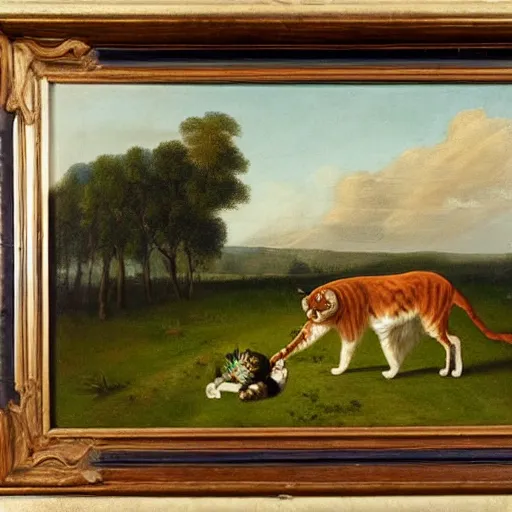 Prompt: oil painting by george stubbs of a giant cat standing in a meadow with a man wearing 1 8 th century clothing.