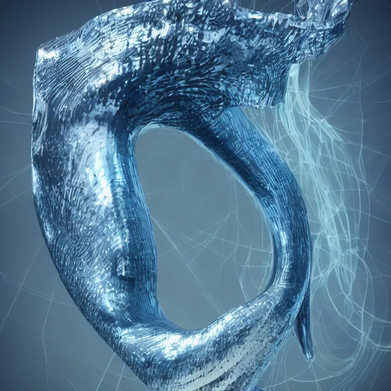 Image similar to octane render portrait by wayne barlow and carlo crivelli and glenn fabry, a giant crystal statue of a blue whale emerging from a hypnotic swirling whirplool of different colored liquid metal, cinema 4 d, ray traced lighting, very short depth of field, bokeh