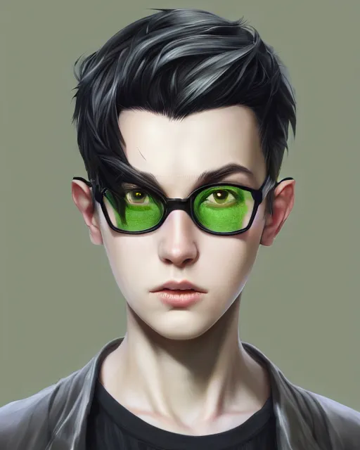 Prompt: boy thin face, black hair, and green eyes. round glasses, lightning bolt scar on forehead, character art, art by artgerm lau and wlop and and ilya kuvshinov and john singer sargent, hyperdetailed, 8 k realistic, symmetrical, frostbite 3 engine, cryengine, dof, trending on artstation, digital art