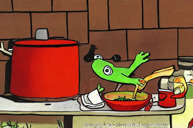 Prompt: frog cooking a pot of stew, folk art, childrens book illustration