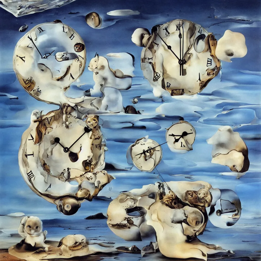 Image similar to baby harp seal and melting clocks, painting by salvador dali, surrealism