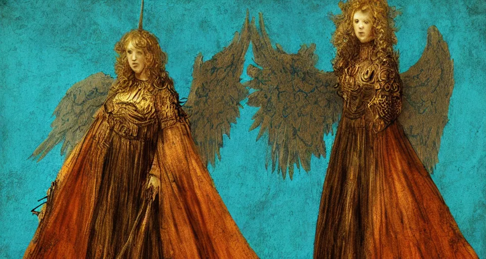 Prompt: character concept sheet of an angel knight gothic girl. by ( rembrandt painting ( 1 0 0 ) ( fractal flame ) ), highly detailded, turquoise rust