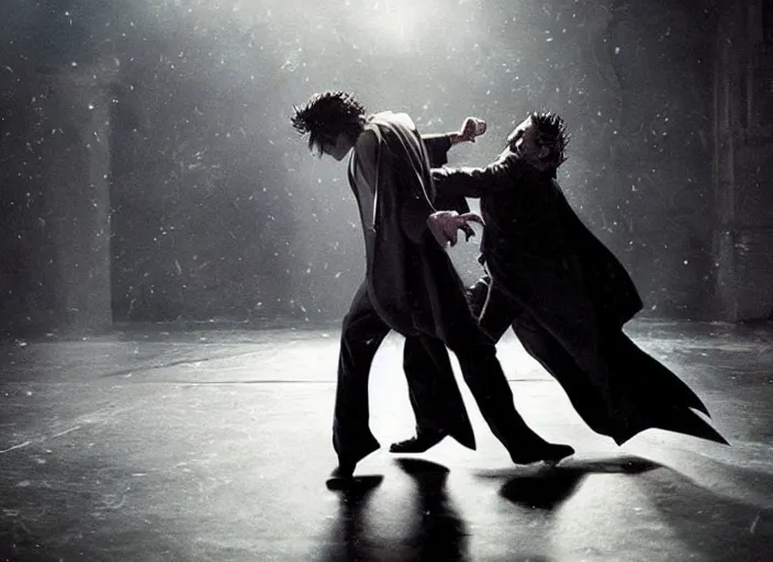 Image similar to Batman and Joker dance together，atmospheric lighting, masterpiece, award winning painting by Emmanuel Lubezki