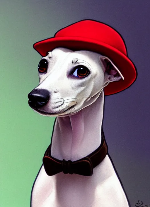 Image similar to cute whippet puppy wearing a trilby hat, natural lighting, path traced, highly detailed, high quality, digital painting, by don bluth and ross tran and studio ghibli and alphonse mucha, artgerm