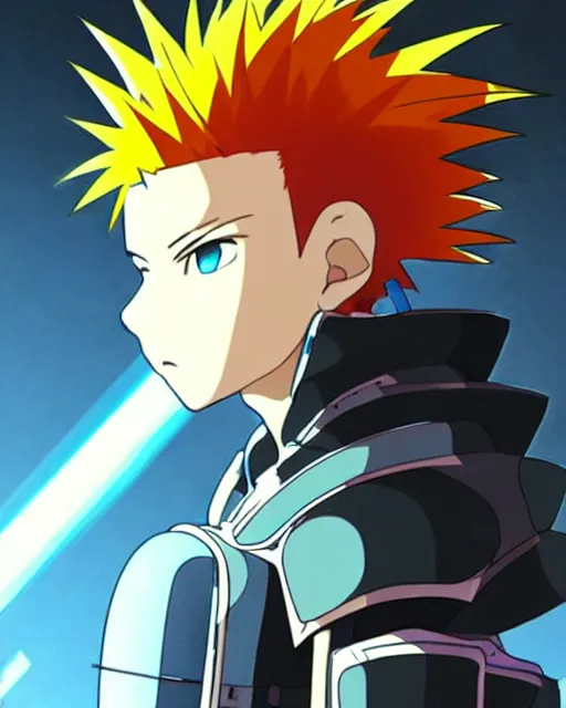 Image similar to beautiful cyberpunk anime boy spiked hair character metal sharp armor award winning character design by studio ghibli