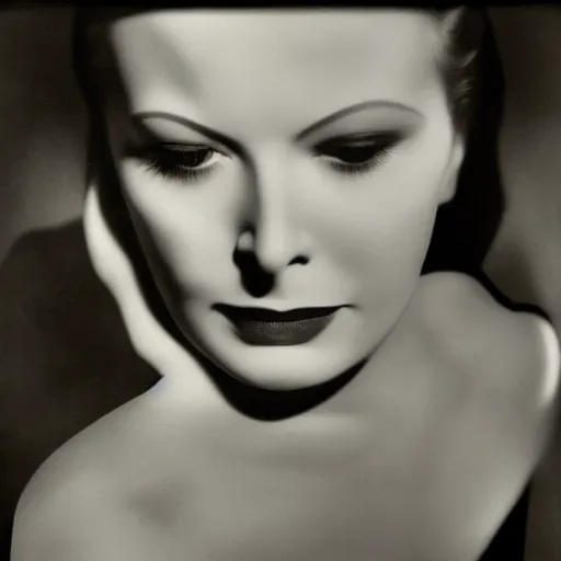 Image similar to Close-up portrait of a femme fatale. Face. Shadow and light. Abstract. Lines and geometry. Surrealist. Black and white. Side lighting. Greta Garbo. Romy Schneider. Golden ratio. Photography by Dora Maar. 1934.