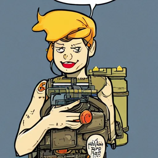 Prompt: tank girl sitting alone on top of the tank, holding a granite luncher. smiling. laurie greasley,