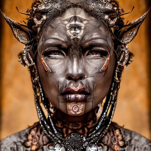 Image similar to gorgeous portrait of a demon woman, intricate detail and composition, highly symmetric, Leica Vario-Elmar-S 30-90mm f/3.5-5.6 ASPH