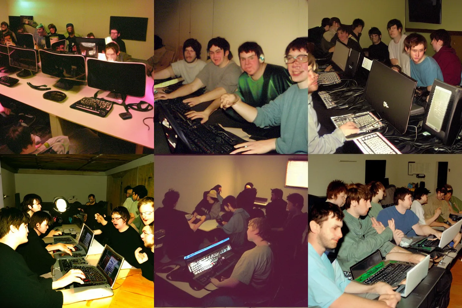 Prompt: A photograph of a LAN party in 2003, low lighting, washed out, poor quality,