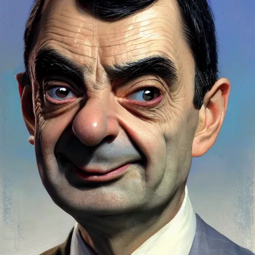 Image similar to hyper realistic, close up portrait of mr. bean by greg rutkowski, scott m fischer, artgerm, loish, slight glow, atmospheric