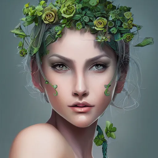 Image similar to A gorgeous young woman plant hybrid, vine and plants and flowers, intricate, digital painting, highly detailed, concept art, Artstation, Cgsociety, Artgerm