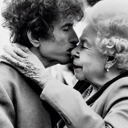 Image similar to bob dylan kissing the queen of england, photograph, high detail