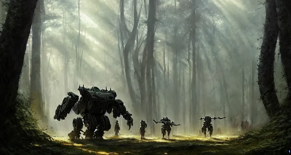 Prompt: giant medieval battlemech walking through a forest, hyper realistic sci - fi matte concept art painting, beautiful details, strong composition painted by kim jung guweta studio rutkowski, james gurney and greg rutkowski, and lucasfilm, smooth, intricate, detailed, sharp focus, cinematic