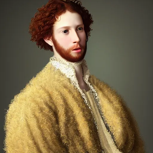 Prompt: young man with curly reddish hair, in rich Russian furcoat, with pearl earring, Russian Empire, cinematic lighting, highly detailed, digital art, Renaissance painting, framed, by Kiprensky, by Rutkowsky,