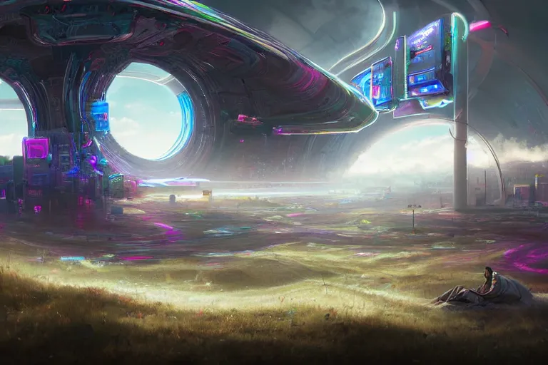 Prompt: a psychedelic realm with rolling plains made out of clouds, and a giant cyberpunk portal that leads into the multiverse, in the style of wlop, illustration, epic, fantasy, hyper detailed, smooth, unreal engine, sharp focus, ray tracing