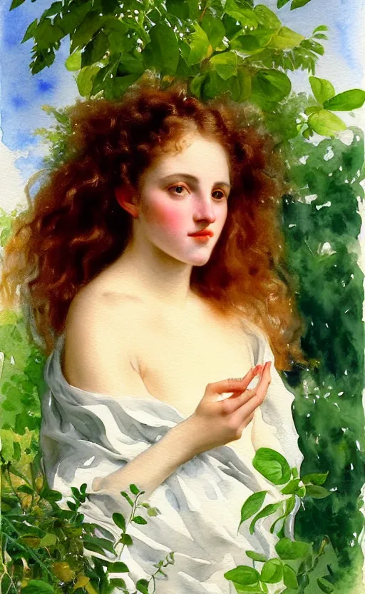 Image similar to the face of a young woman with marble complexion, angelic features, dancing curls around her face, her head raised in rapture, symmetrical eyes, watercolor by john singer sargent, background lush vegetation, insects and birds, 8 k uhd