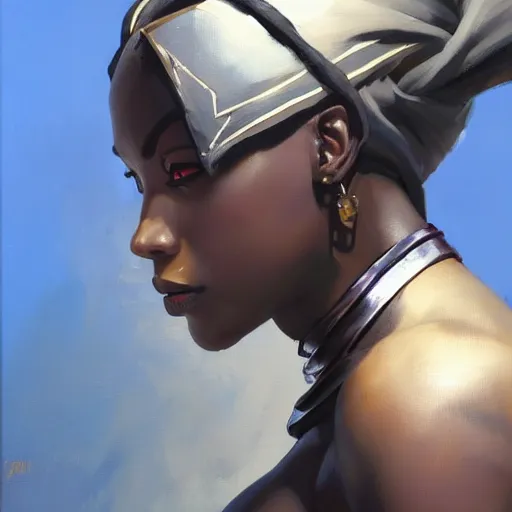 Prompt: greg manchess portrait painting of african yorha type a no. 2 as african tracy from overwatch, back shot, asymmetrical, profile picture, organic painting, sunny day, matte painting, bold shapes, hard edges, street art, trending on artstation, by huang guangjian and gil elvgren and sachin teng