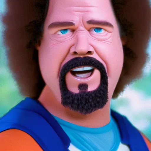 Prompt: a closeup photorealistic photograph of bob ross as kenny powers. baseball. film still. brightly lit scene. this 4 k hd image is trending on artstation, featured on behance, well - rendered, extra crisp, features intricate detail, epic composition and the style of unreal engine.