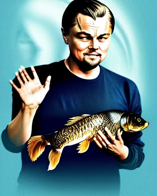 Image similar to photograph of leonardo dicaprio holding a carp in his both hands. movie poster, illustration by bartek fedyczak, erak note, tooth wu, neil richards, kan liu, siwoo kim, jisu choe, trending on art station