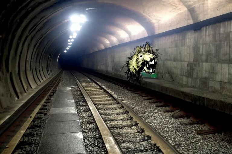 Prompt: very large giant mutant zombie irradiated ( angry rat ) staying on railways in tonnel of moscow subway. tonnel, railways, giant angry rat, furr, fangs, claws, very realistic. fog, extreme long shot, herman nitsch, giger, anish kapoor.