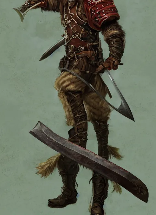 Image similar to strong young man, photorealistic bugbear ranger holding sword, fire magic, black beard, dungeons and dragons, pathfinder, roleplaying game art, hunters gear, jeweled ornate leather and steel armour, concept art, character design on white background, by norman rockwell, makoto shinkai, kim jung giu, artstation trending, poster art, colours red and green