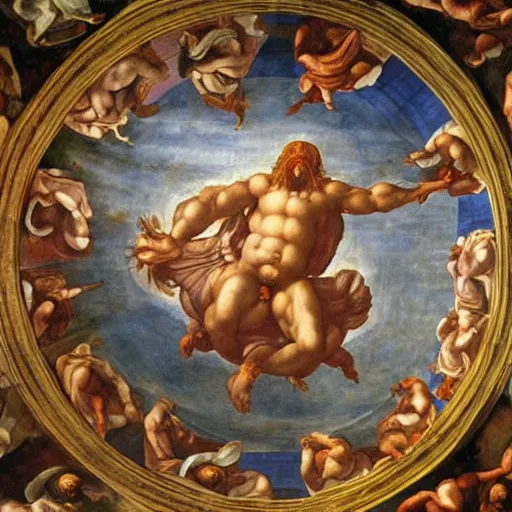 Image similar to realistic biblical painting of the flying spaghetti monster, on the ceiling of the sistine chapel, painted by michaelangelo