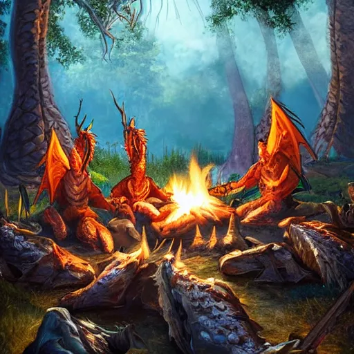 Prompt: dragons roasting kebabs near campfire, fire, magic, power metal album cover, fantasy epic legends game icon stylized digital illustration radiating a glowing aura global illumination ray tracing hdr fanart arstation by ian pesty and katarzyna da „ bek - chmiel