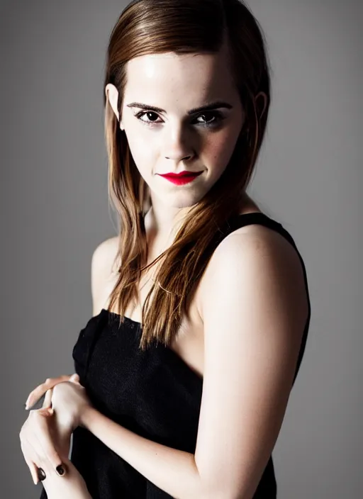 Image similar to emma watson, fashion portrait, dslr, one point lighting, pale skin, studio lighting