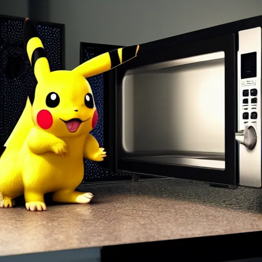 Image similar to stunning awe inspiring photorealistic pikachu inside a microwave, movie still 8 k hdr atmospheric lighting