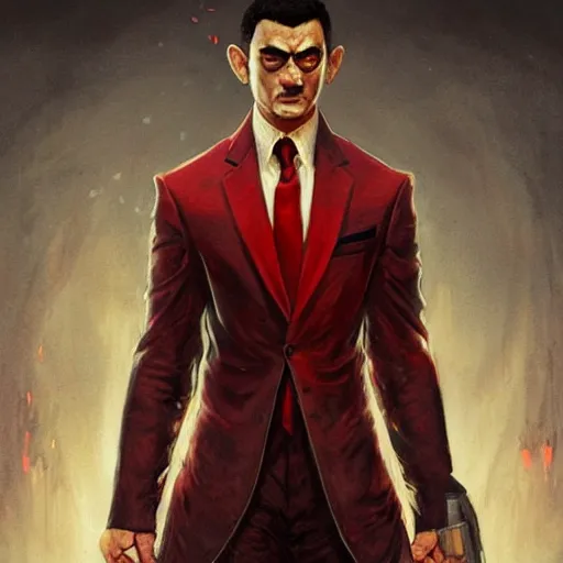 Image similar to portrait of aamir khan upper body in bloody business suit, blood red eyes, vampire fangs, fantasy, intricate, elegant, highly detailed, digital painting, artstation, concept art, matte, sharp focus, illustration, art by aenaluck and roberto ferri and greg rutkowski, epic fantasy, digital painting