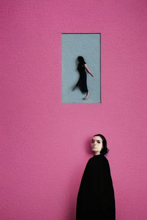 Image similar to a surreal portrait of a woman stuck in a pink wall in the style of brooke didonato, editorial fashion photography from vogue magazine, full shot, nikon d 8 1 0, ƒ / 2. 5, focal length : 8 5. 0 mm, exposure time : 1 / 8 0 0, iso : 2 0 0